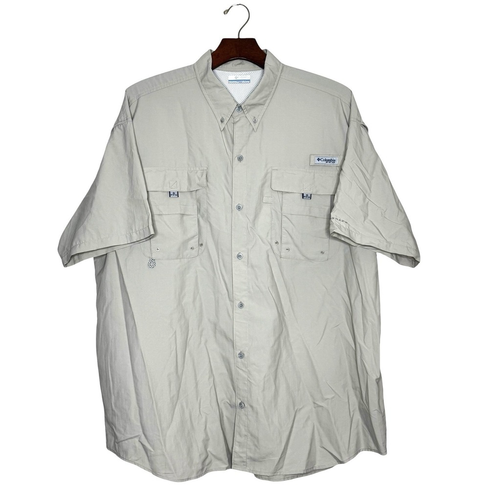 Columbia Men's PFG Button Shirt XXL Tan Omni-Shade Vented Short Sleeve Fishing